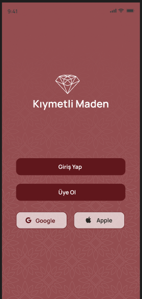 Kıymetli Maden uygulaması giriş ekranı